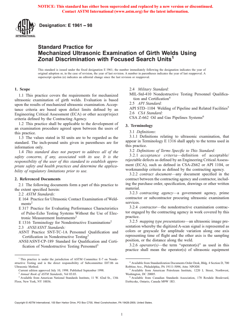 ASTM E1961-98 - Standard Practice for Mechanized Ultrasonic Examination of Girth Welds Using Zonal Discrimination with Focused Search Units