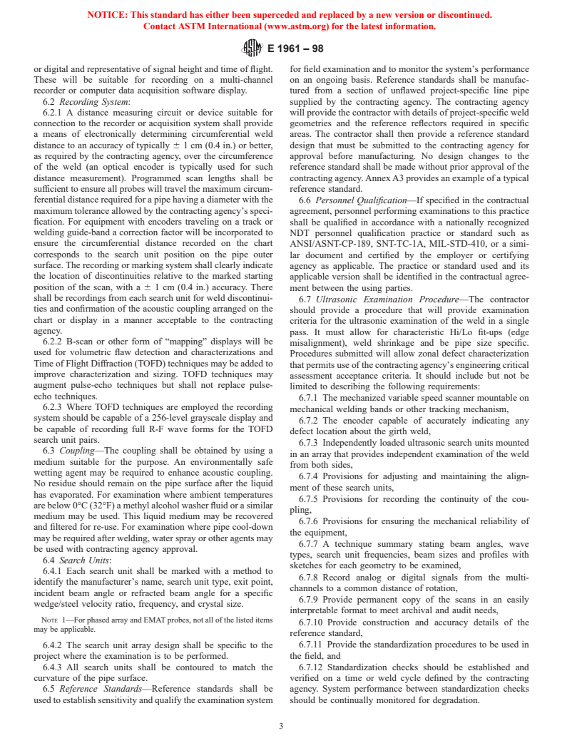 ASTM E1961-98 - Standard Practice for Mechanized Ultrasonic Examination of Girth Welds Using Zonal Discrimination with Focused Search Units