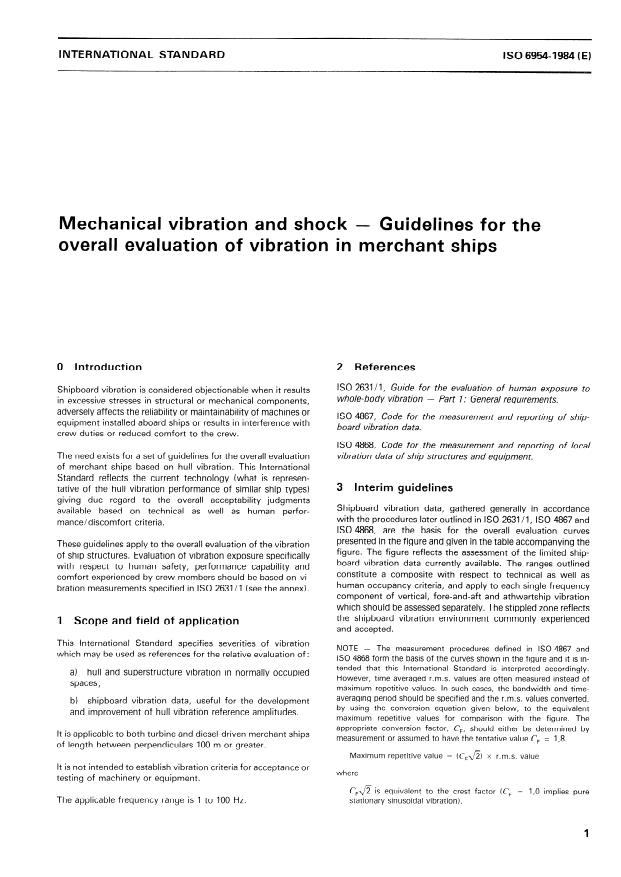 ISO 6954:1984 - Mechanical vibration and shock -- Guidelines for the overall evaluation of vibration in merchant ships