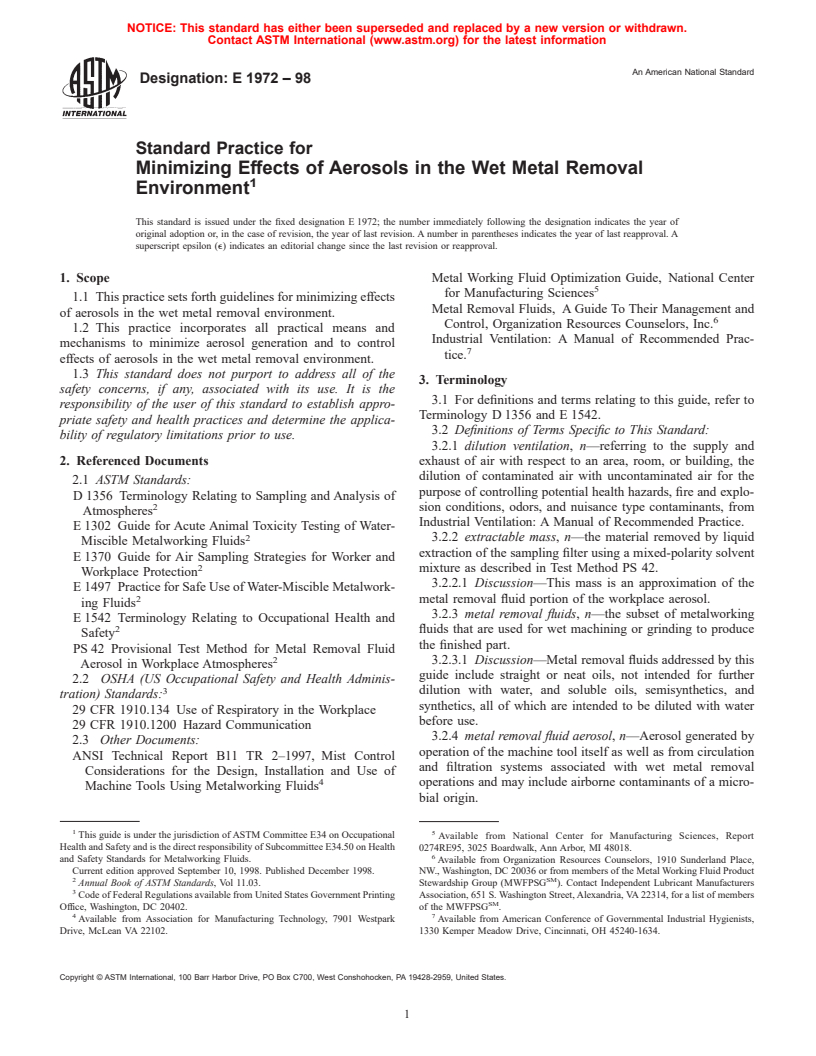 ASTM E1972-98 - Standard Practice for Minimizing Effects of Aerosols in the Wet Metal Removal Environment