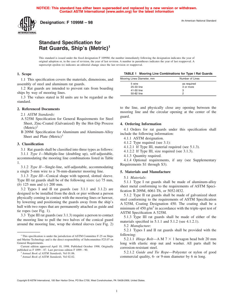 ASTM F1099M-98 - Standard Specification for Rat Guards, Ship's (Metric)