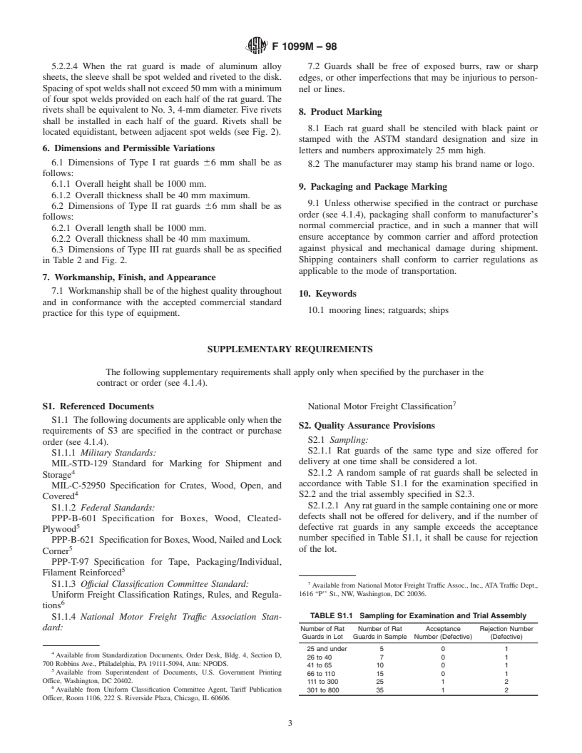 ASTM F1099M-98 - Standard Specification for Rat Guards, Ship's (Metric)