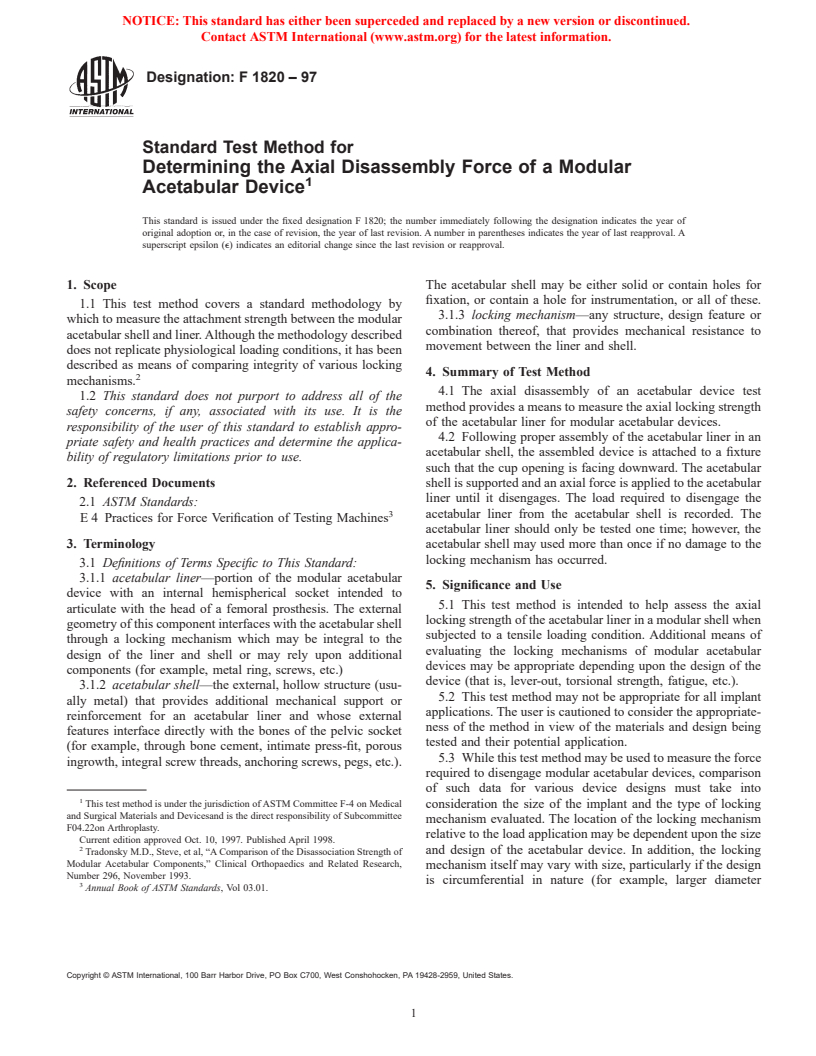 ASTM F1820-97 - Standard Test Method for Determining the Axial Disassembly Force of a Modular Acetabular Device