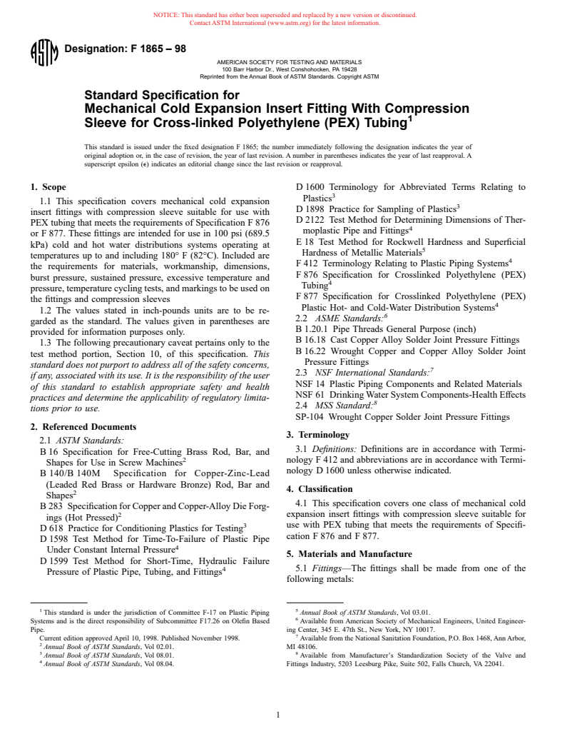 ASTM F1865-98 - Standard Specification for Mechanical Cold Expansion Insert Fitting With Compression Sleeve for Cross-linked Polyethylene (PEX) Tubing