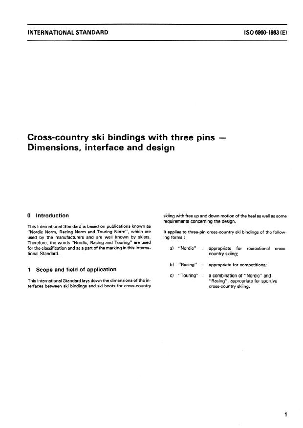 ISO 6960:1983 - Cross-country ski bindings with three pins -- Dimensions, interface and design
