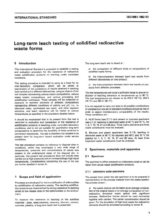 ISO 6961:1982 - Long-term leach testing of solidified radioactive waste forms
