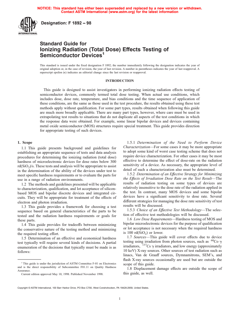 ASTM F1892-98 - Standard Guide for Ionizing Radiation (Total Dose) Effects Testing of Semiconductor Devices