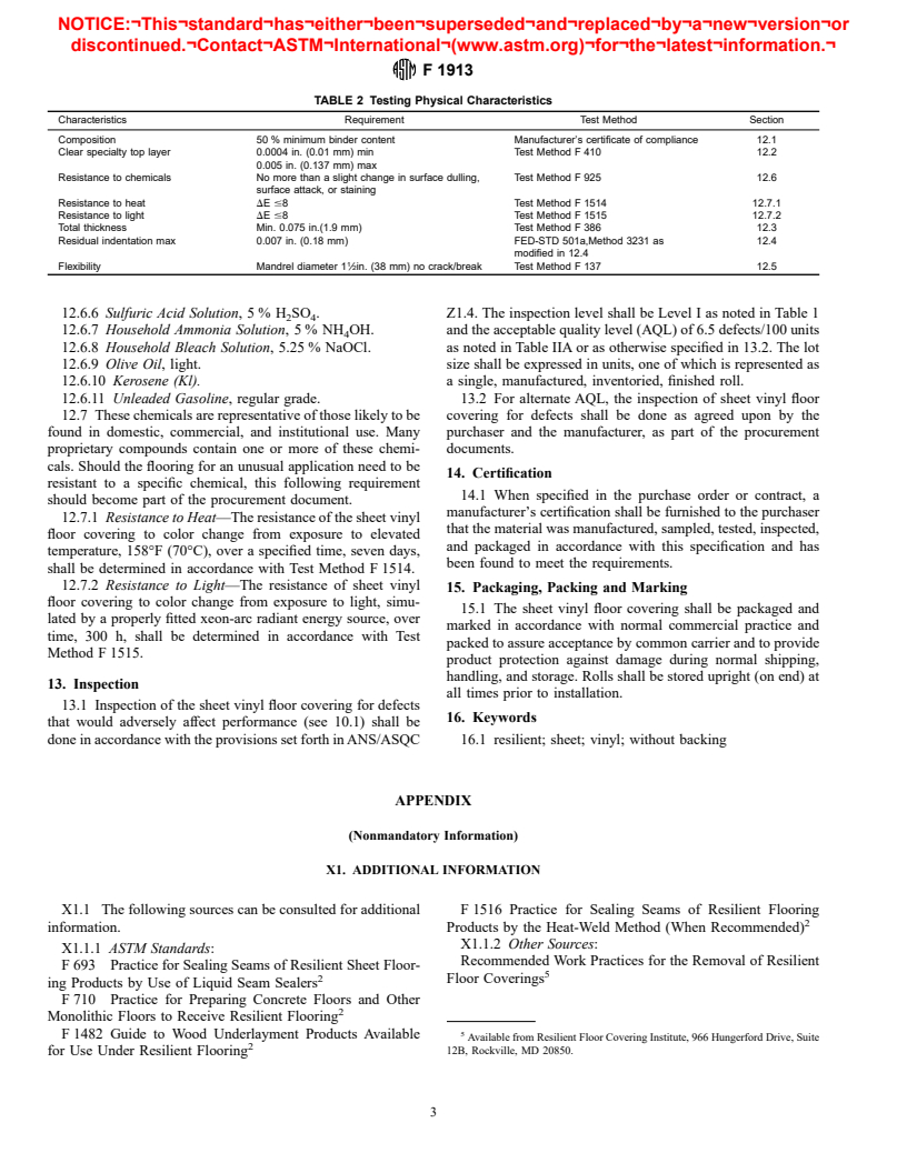 ASTM F1913-98 - Standard Specification for Vinyl Sheet Floor Covering Without Backing