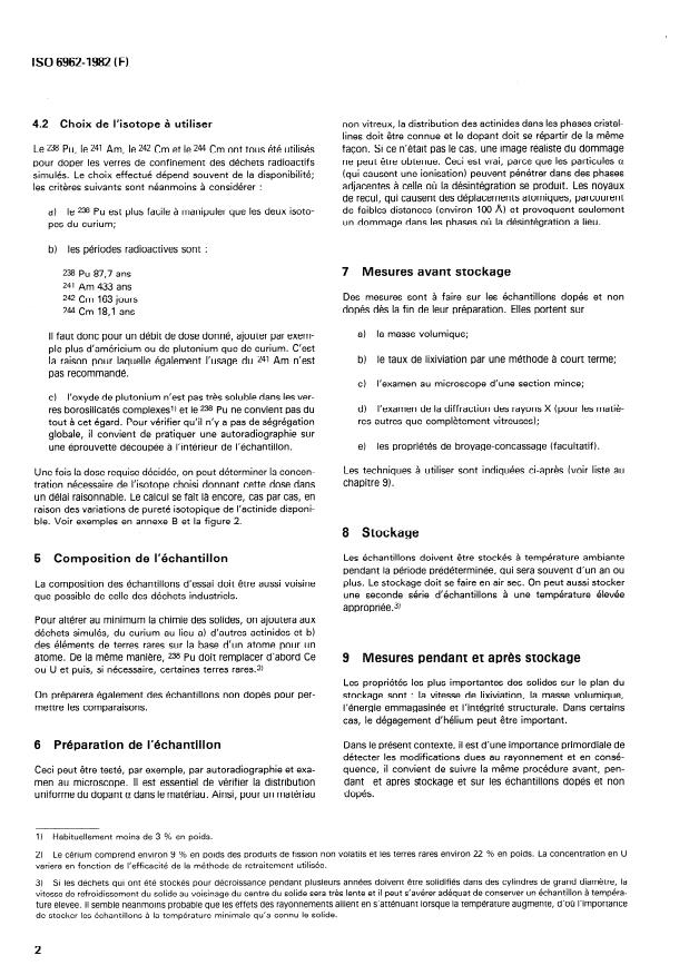 ISO 6962:1982 ISO 6962:1982 - Méthode normalisée d'essai de la stabilité a long terme a l'irradiation alpha des formes de déchets solidifiés de haute activité - Page 4 preview