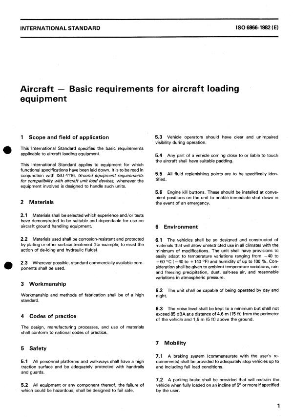 ISO 6966:1982 - Aircraft -- Basic requirements for aircraft loading equipment
