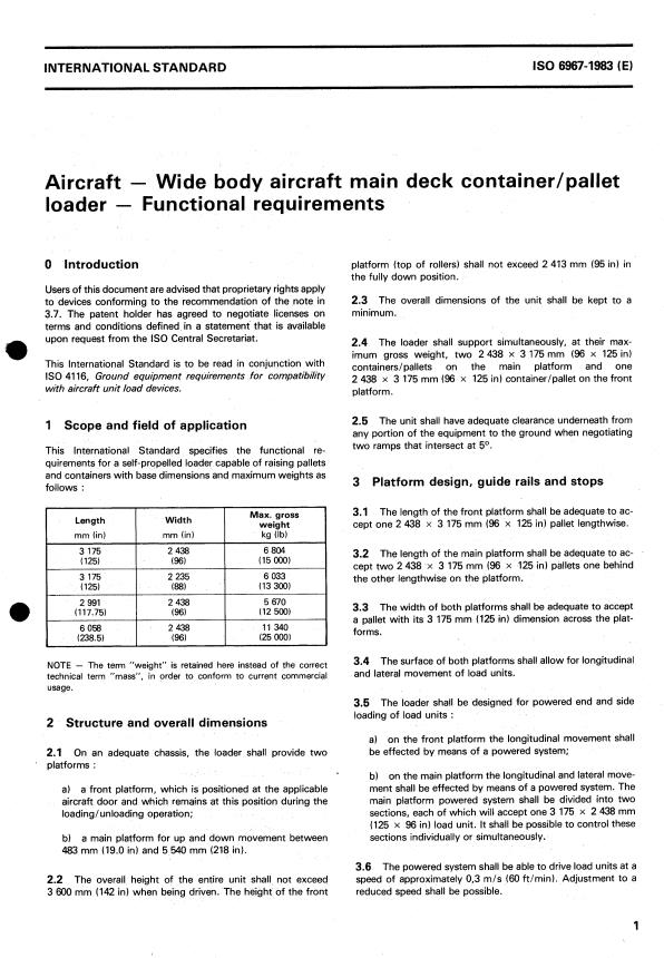 ISO 6967:1983 - Aircraft -- Wide body aircraft main deck container/pallet loader -- Functional requirements
