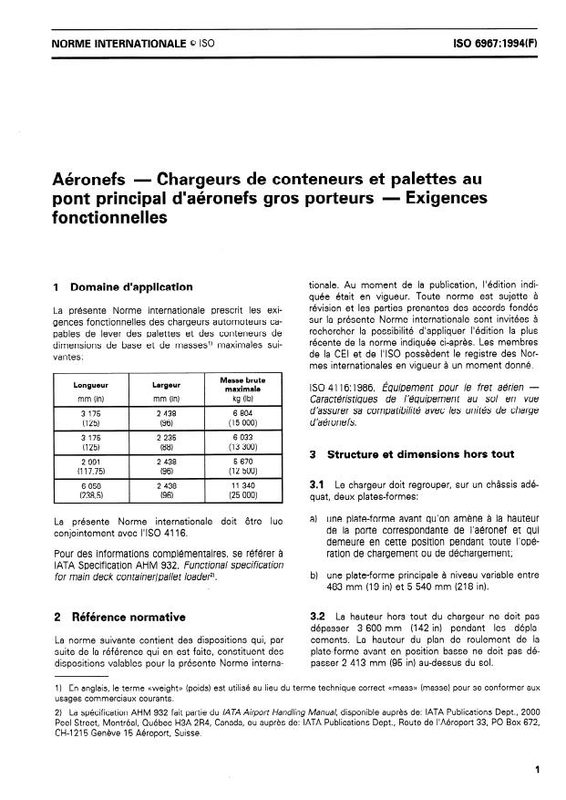 ISO 6967:1994 - Aéronefs -- Chargeurs de conteneurs et palettes au pont principal d'aéronefs gros porteurs -- Exigences fonctionnelles