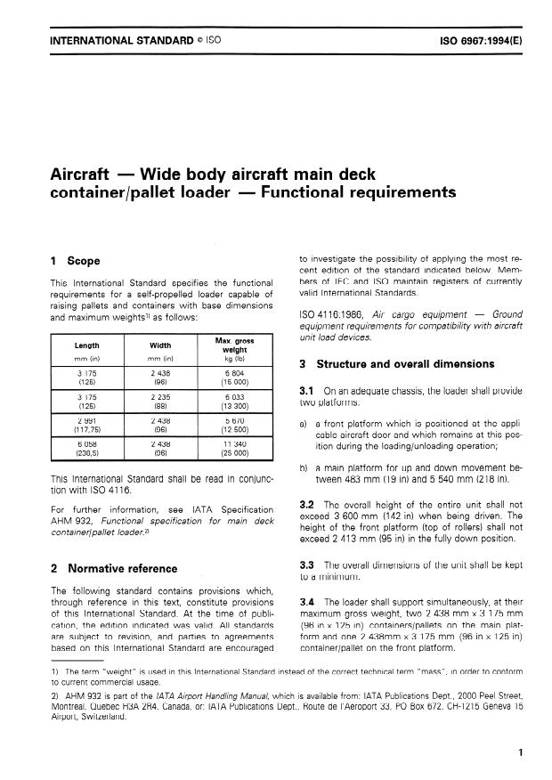ISO 6967:1994 - Aircraft -- Wide body aircraft main deck container/pallet loader -- Functional requirements