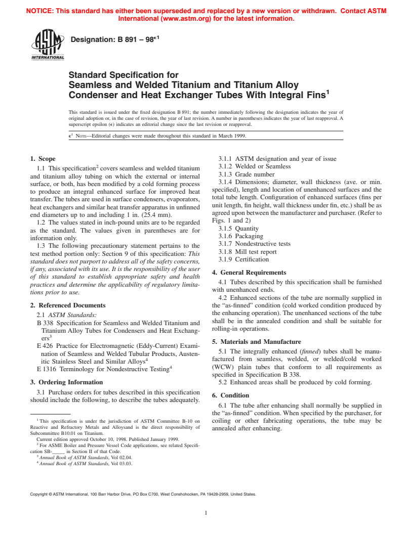 ASTM B891-98e1 - Standard Specification for Seamless and Welded Titanium and Titanium Alloy Condenser and Heat Exchanger Tubes With Integral Fins
