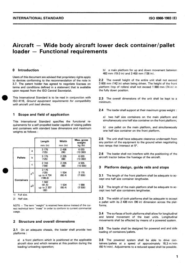 ISO 6968:1983 - Aircraft -- Wide body aircraft lower deck container/pallet loader -- Functional requirements
