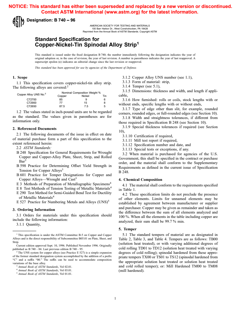 ASTM B740-96 - Standard Specification for Copper-Nickel-Tin Spinodal Alloy Strip