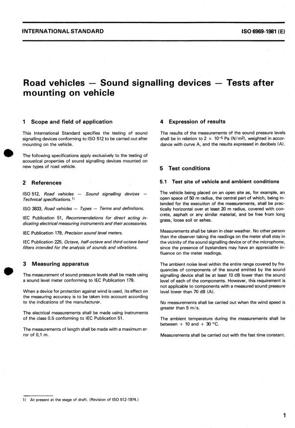 ISO 6969:1981 - Véhicules routiers -- Avertisseurs sonores -- Essais apres montage sur le véhicule