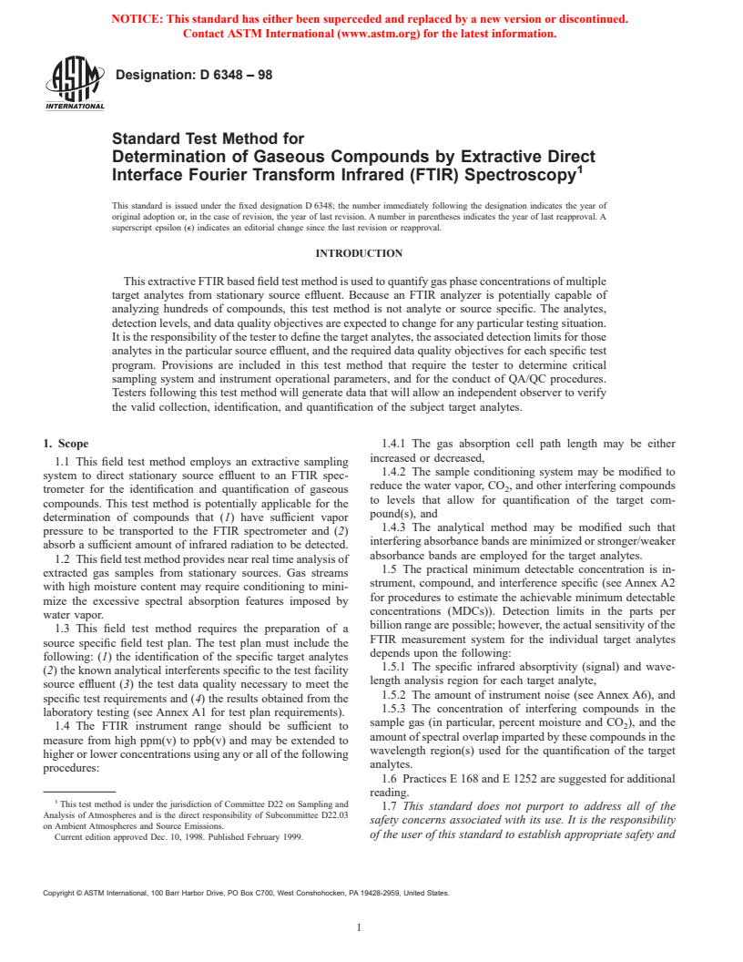 ASTM D6348-98 - Standard Test Method for Determination of Gaseous Compounds by Extractive Direct Interface Fourier Transform Infrared (FTIR) Spectroscopy