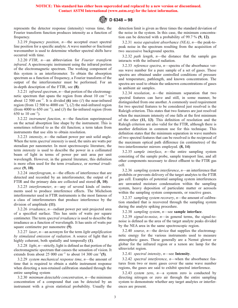 ASTM D6348-98 - Standard Test Method for Determination of Gaseous Compounds by Extractive Direct Interface Fourier Transform Infrared (FTIR) Spectroscopy