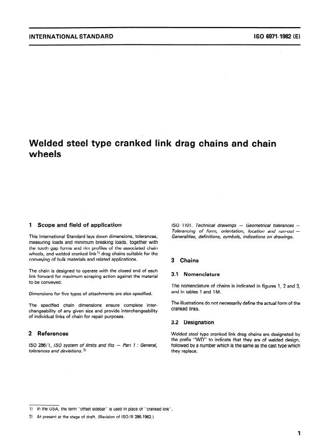 ISO 6971:1982 - Welded steel type cranked link drag chains and chain wheels