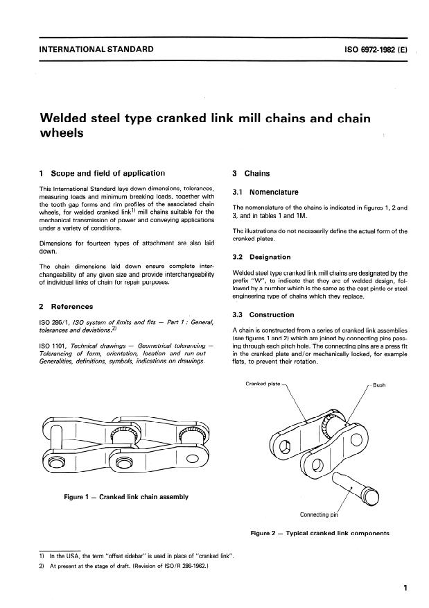 ISO 6972:1982 - Welded steel type cranked link mill chains and chain wheels