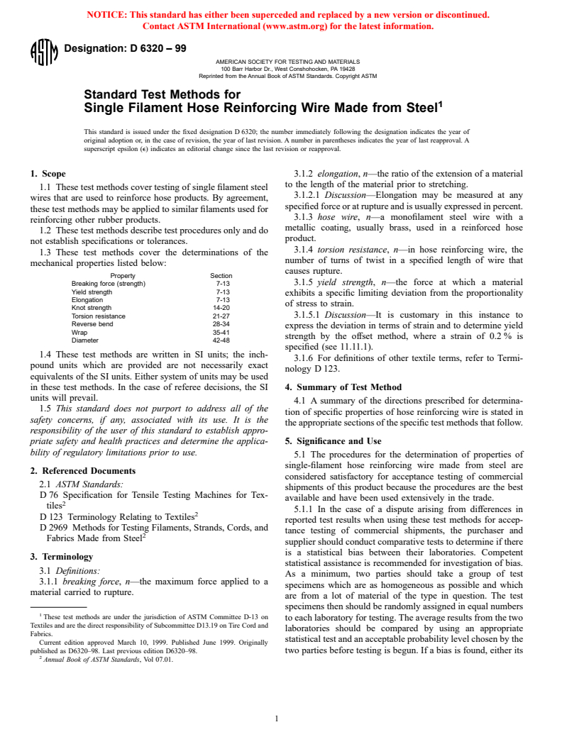 ASTM D6320-99 - Standard Test Methods for Single Filament Hose Reinforcing Wire Made from Steel