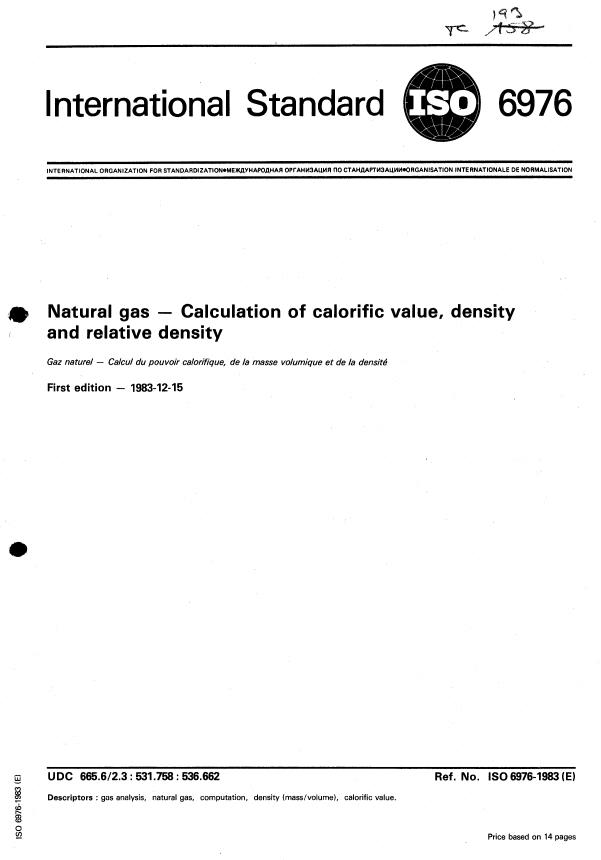 ISO 6976:1983 - Natural gas -- Calculation of calorific value, density and relative density