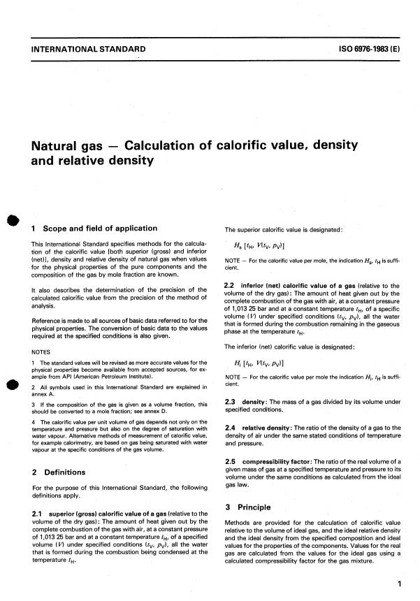 ISO 6976:1983 - Natural gas -- Calculation of calorific value, density and relative density