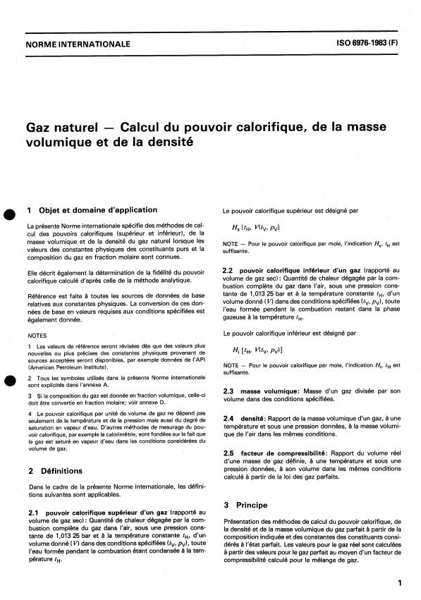 ISO 6976:1983 - Gaz naturel -- Calcul du pouvoir calorifique, de la masse volumique et de la densité