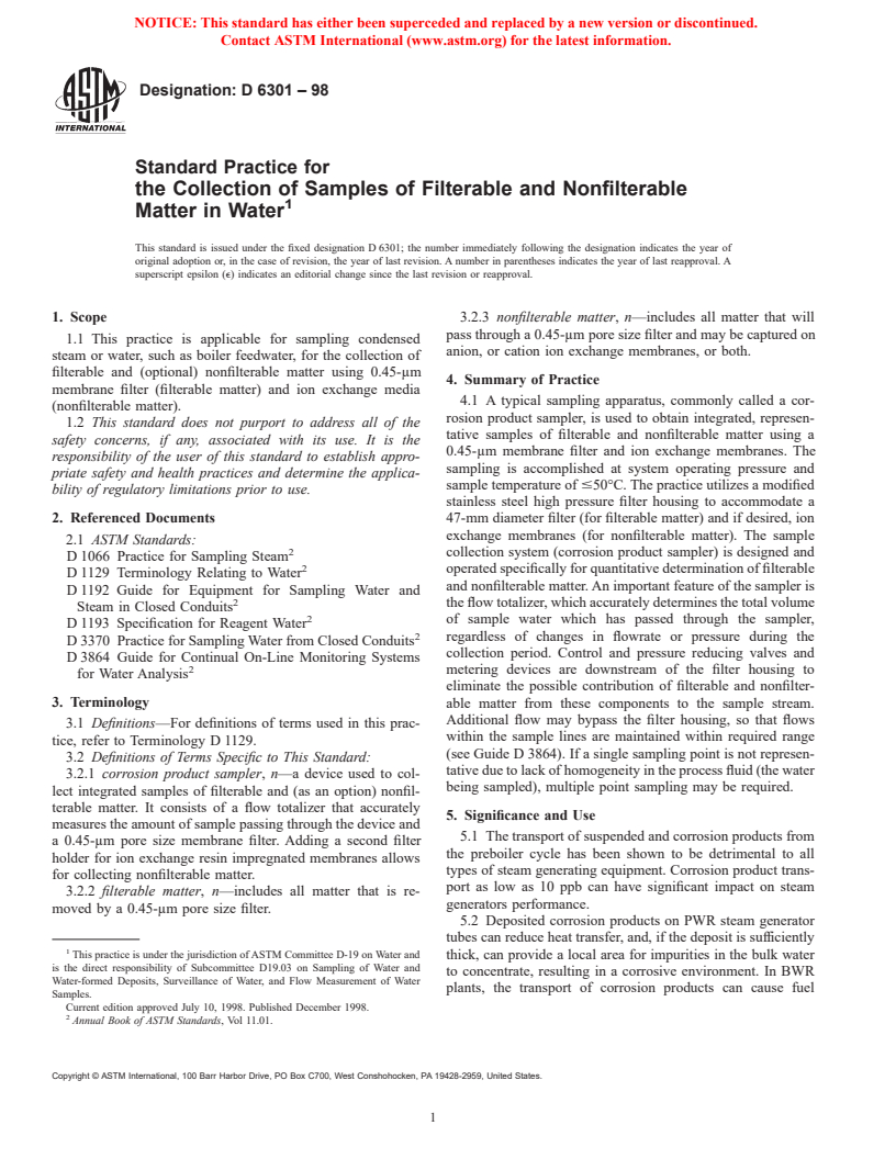 ASTM D6301-98 - Standard Practice for the Collection of Samples of Filterable and Nonfilterable Matter in Water