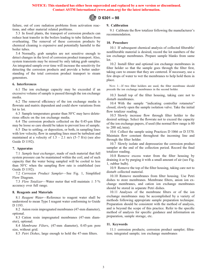 ASTM D6301-98 - Standard Practice for the Collection of Samples of Filterable and Nonfilterable Matter in Water