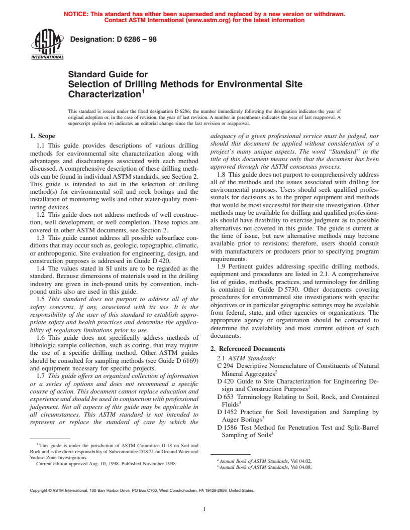 ASTM D6286-98 - Standard Guide for Selection of Drilling Methods for Environmental Site Characterization