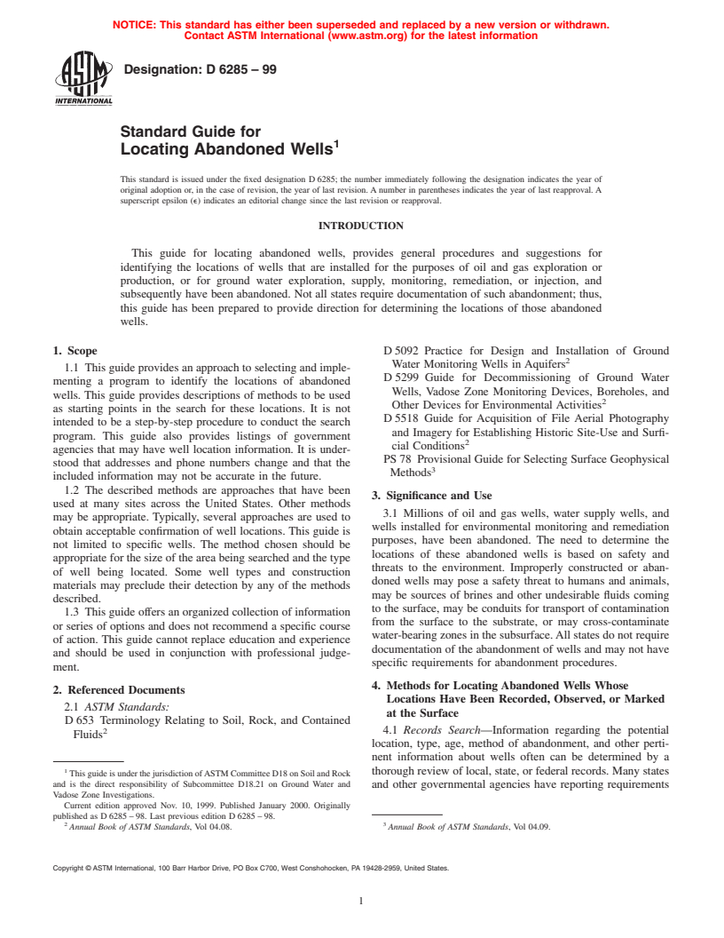 ASTM D6285-99 - Standard Guide for Locating Abandoned Wells