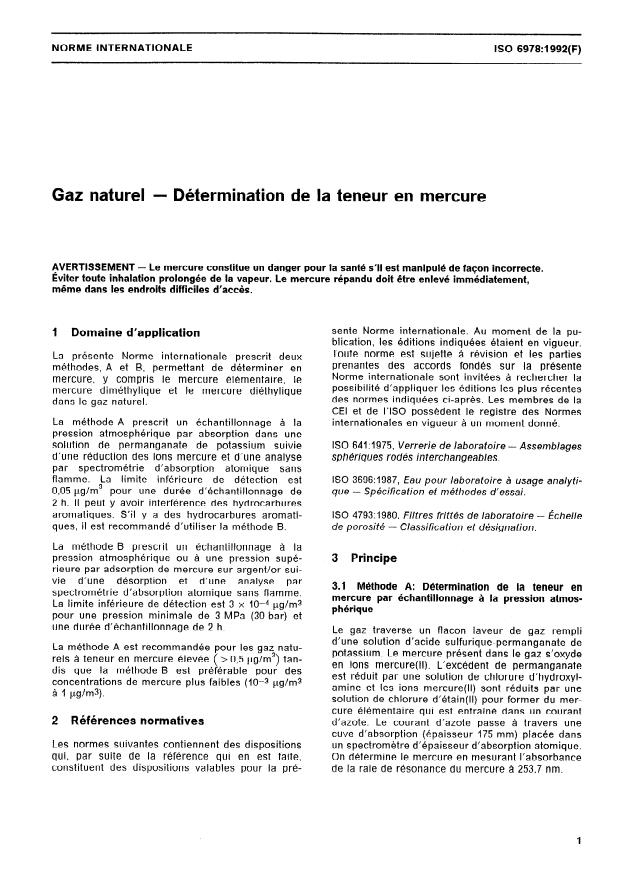 ISO 6978:1992 - Gaz naturel -- Détermination de la teneur en mercure