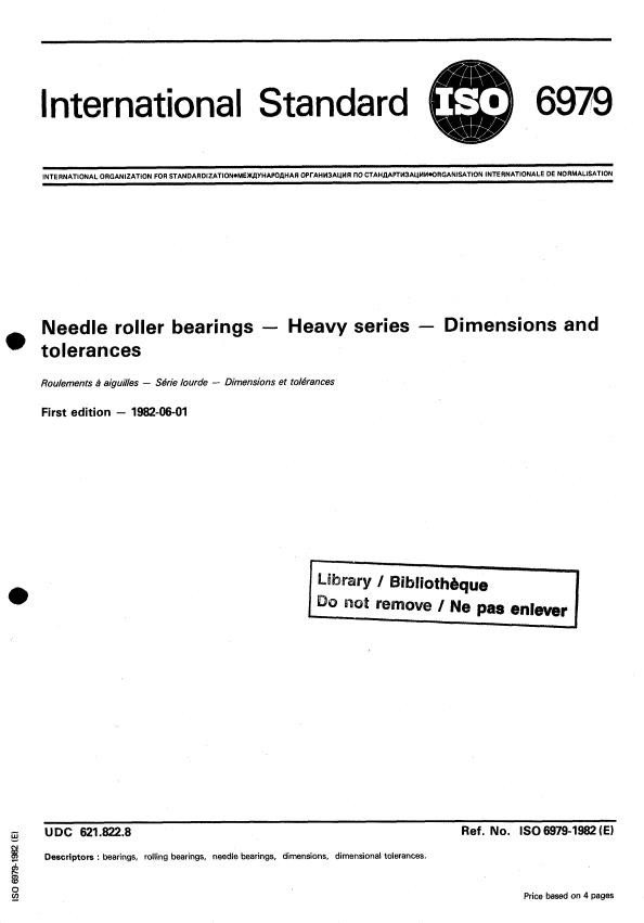 ISO 6979:1982 - Needle roller bearings -- Heavy series -- Dimensions and tolerances