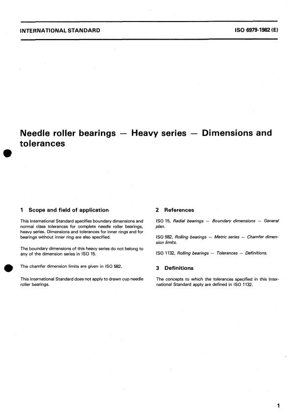 ISO 6979:1982 - Needle roller bearings -- Heavy series -- Dimensions and tolerances