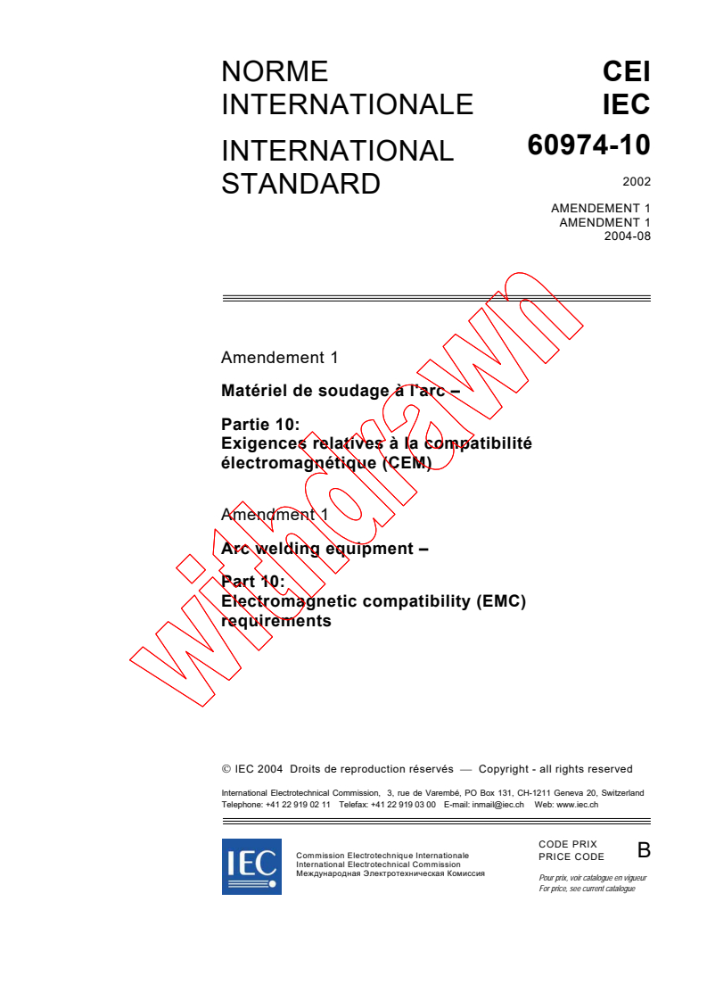 IEC 60974-10:2002/AMD1:2004 - Amendment 1 - Arc welding equipment - Part 10: Electromagnetic compatibility (EMC) requirements
Released:8/17/2004
Isbn:2831876273