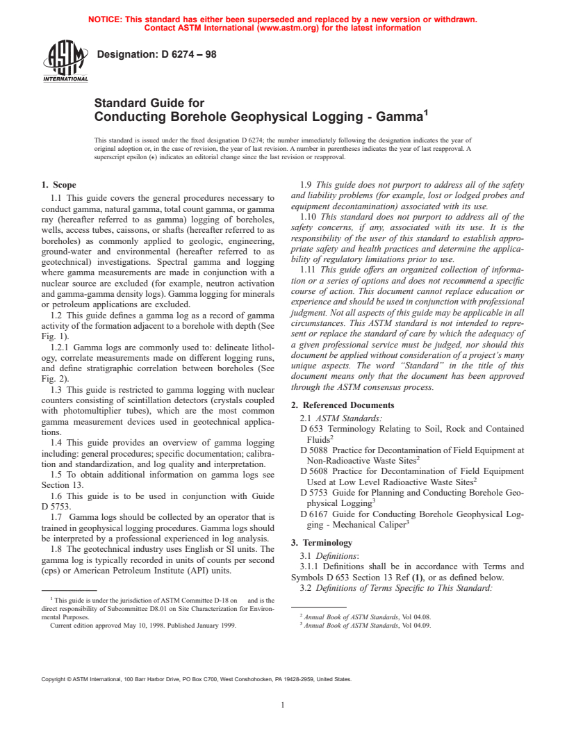 ASTM D6274-98 - Standard Guide for Conducting Borehole Geophysical Logging-Gamma