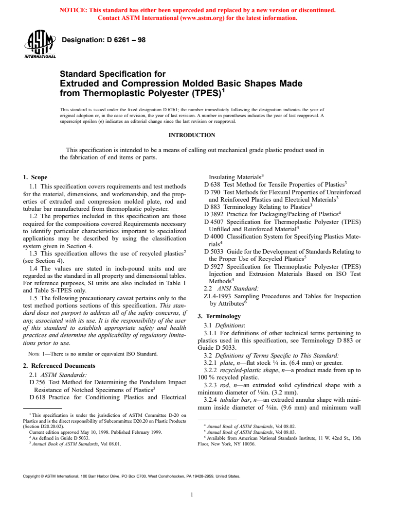 ASTM D6261-98 - Standard Specification for Extruded and Compression Molded Basic Shapes Made from Thermoplastic Polyester (TPES)