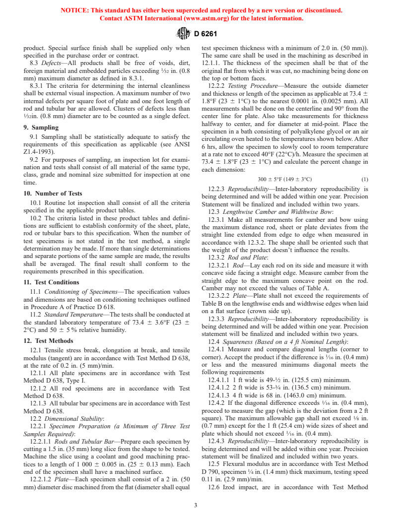 ASTM D6261-98 - Standard Specification for Extruded and Compression Molded Basic Shapes Made from Thermoplastic Polyester (TPES)