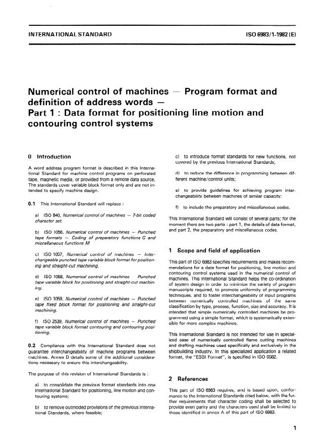 ISO 6983-1:1982 - Numerical control of machines -- Program format and definition of address words
