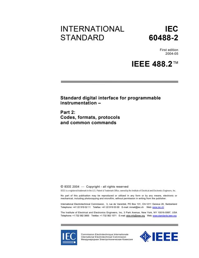 IEC 60488-2:2004 - Standard digital interface for programmable instrumentation - Part 2: Codes, formats, protocols and common commands