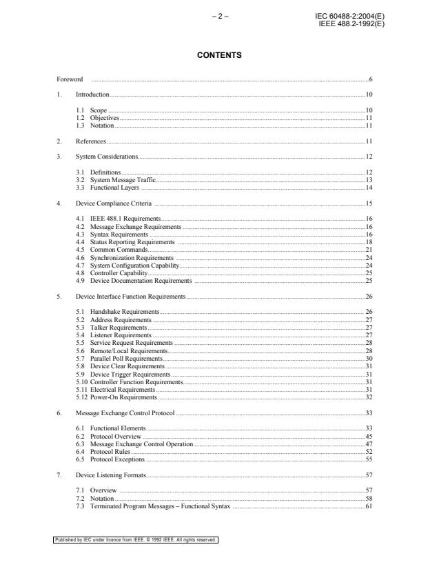 IEC 60488-2:2004 IEC 60488-2:2004 - Standard digital interface for programmable instrumentation - Part 2: Codes, formats, protocols and common commands - Page 4 preview