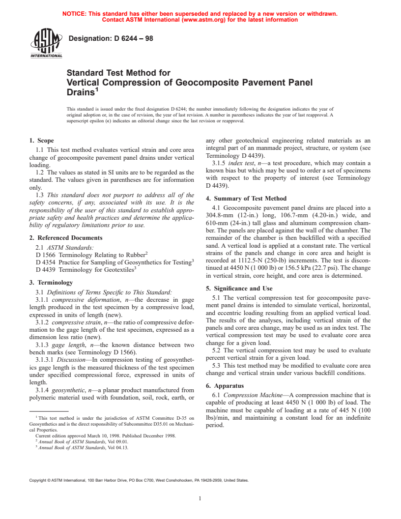 ASTM D6244-98 - Standard Test Method for Vertical Compression of Geocomposite Pavement Panel Drains