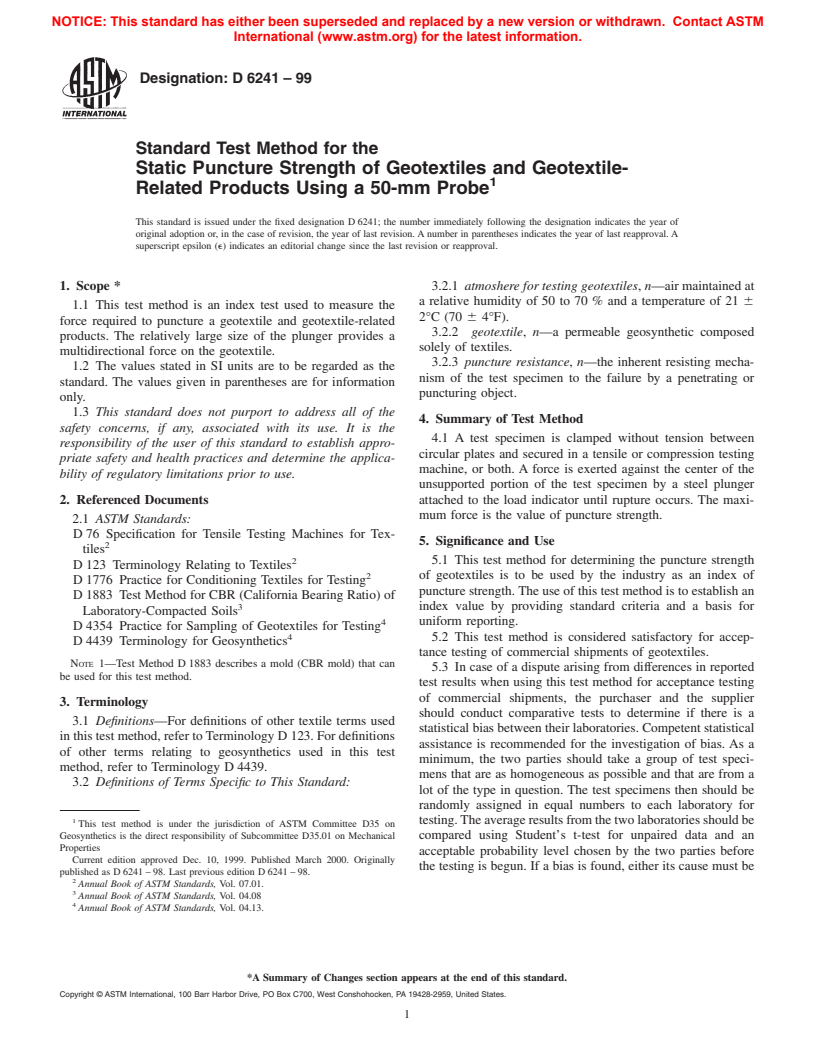 ASTM D6241-99 - Standard Test Method for the Static Puncture Strength of Geotextiles and Geotextile-Related Products Using a 50-mm Probe