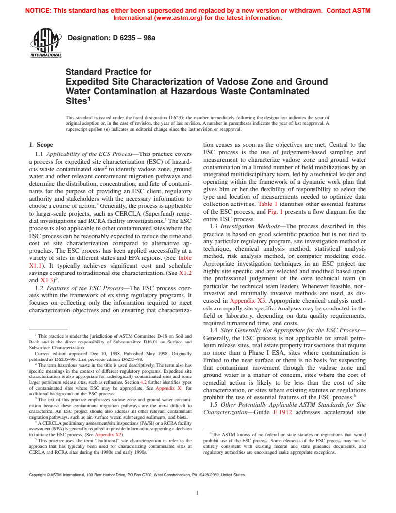 ASTM D6235-98a - Standard Practice for Expedited Site Characterization of Vadose Zone and Ground Water Contamination at Hazardous Waste Contaminated Sites