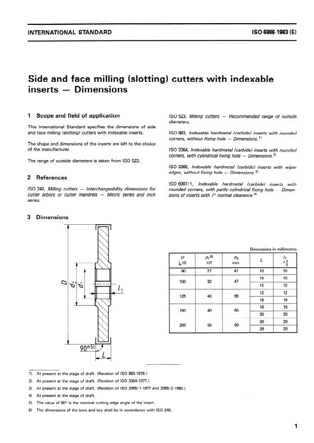 ISO 6986:1983 - Side and face milling (slotting) cutters with indexable inserts -- Dimensions