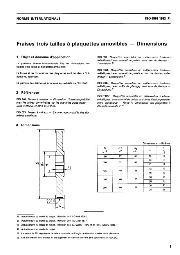 ISO 6986:1983 - Fraises trois tailles a plaquettes amovibles -- Dimensions