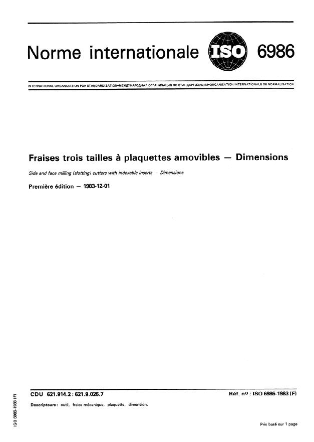 ISO 6986:1983 - Fraises trois tailles a plaquettes amovibles -- Dimensions
