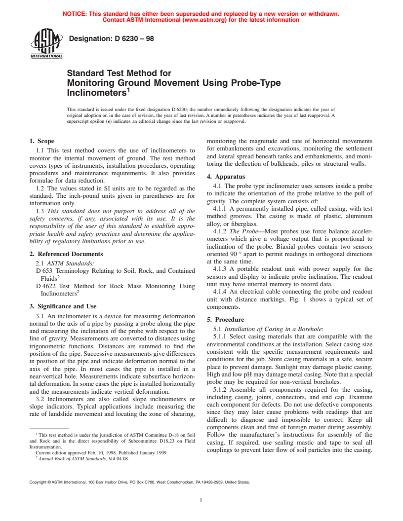 ASTM D6230-98 - Standard Test Method for Monitoring Ground Movement Using Probe-Type Inclinometers